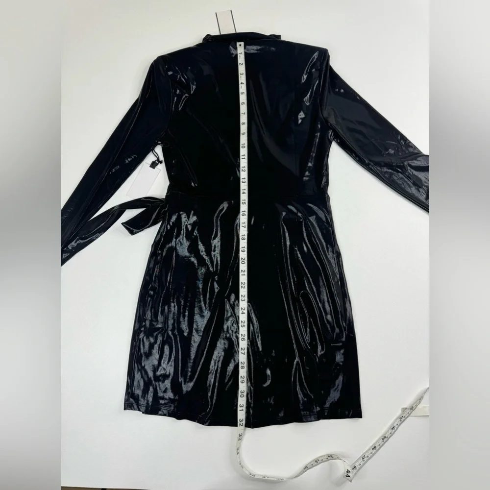 NWT ASTR The Cut Out Patent Long Sleeve Faux Wrap Mini Dress Small - Picture 12 of 16